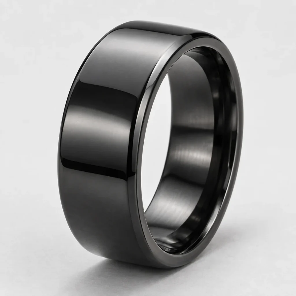 Representative polished black band ring