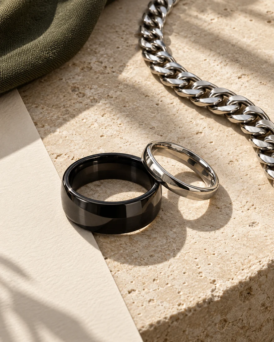 Editorial close-up of black and silver finishes on pale stone